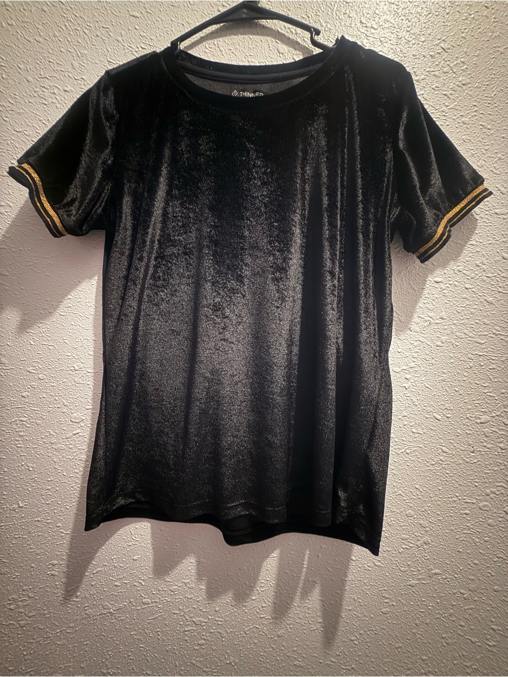 Black Velvet Short Sleeve Tee with Gold Sleeve Trim -